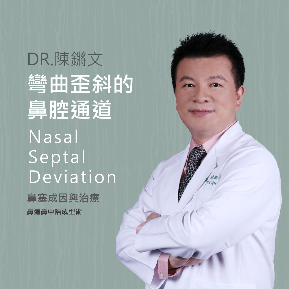 Portrait of a doctor in a white coat with arms crossed, beside large text about Nasal Septal Deviation (Chinese and English).