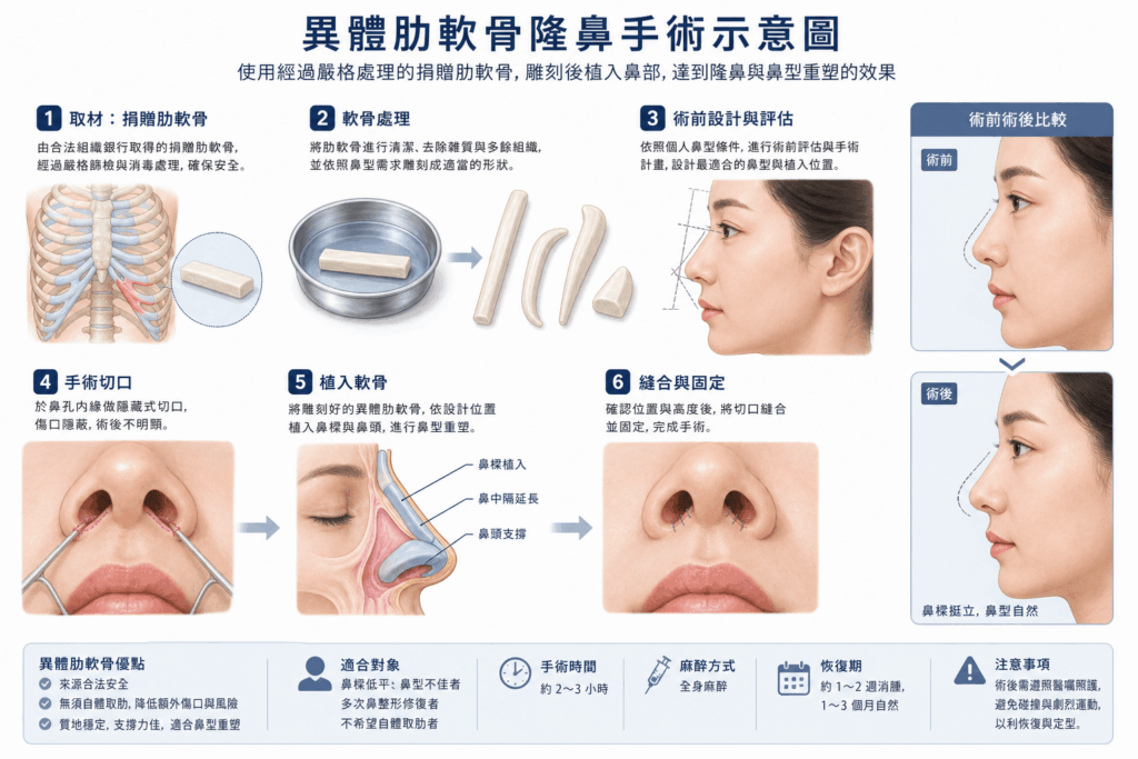 異體肋軟骨隆鼻手術示意圖