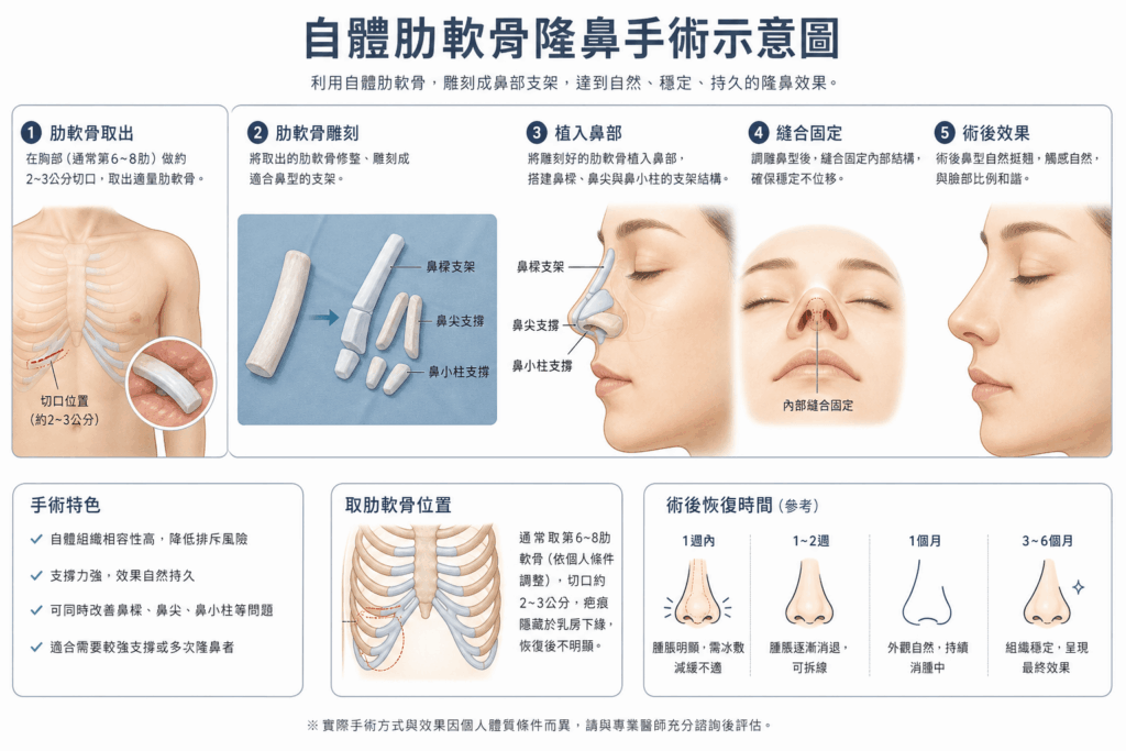 自體肋軟骨隆鼻手術示意圖