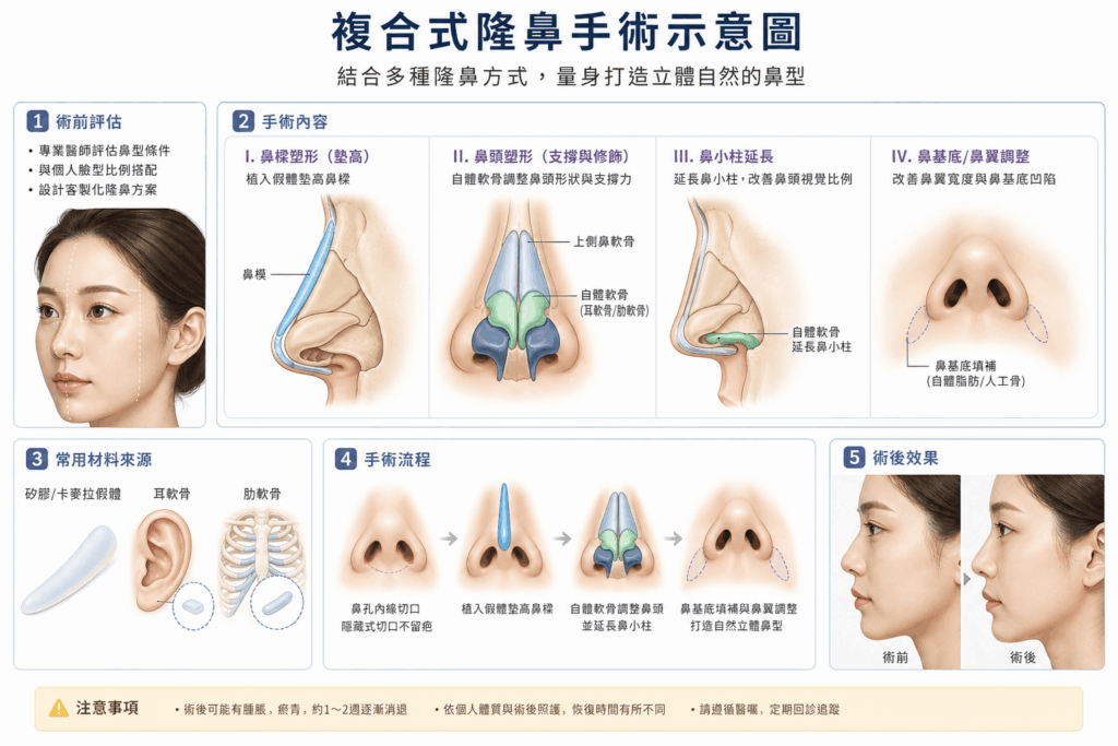 複合式隆鼻手術示意圖