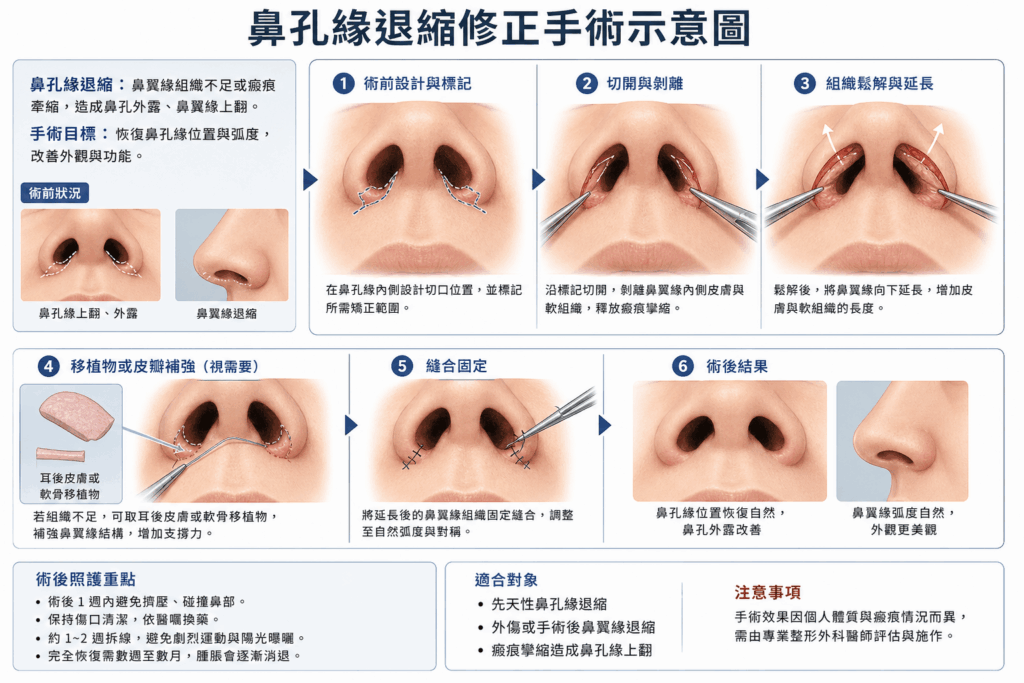 鼻孔緣退縮修正手術示意圖
