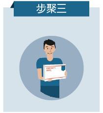 A man in a blue shirt holding a boxed item, centered inside a circular frame on a light blue background.