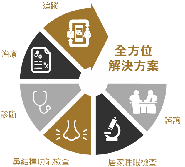 Six-segment medical service infographic around a central hub, with icons for prescription, diagnosis, consultation, nose/ENT, laboratory testing, and microscopy, labeled as comprehensive solutions.